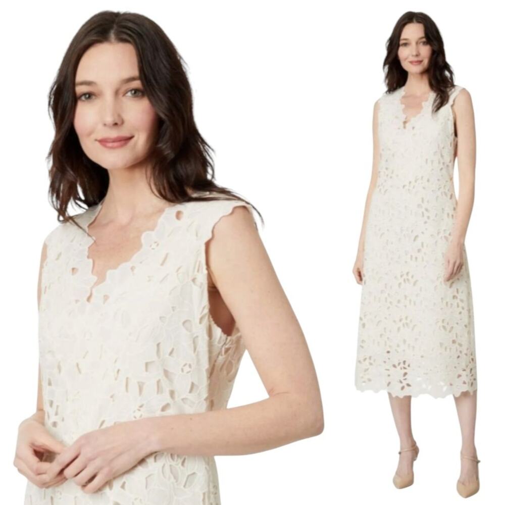 Ivory Lace Midi Dress V Neck Sheath Cottagecore Romantic Summer Event, 6 NWOT